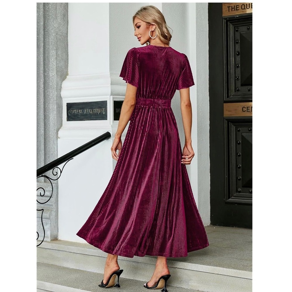 NWT Medium Simplee Womens Short Sleeve Velvet Maxi Dress V Neck Formal Dress - Picture 3 of 5